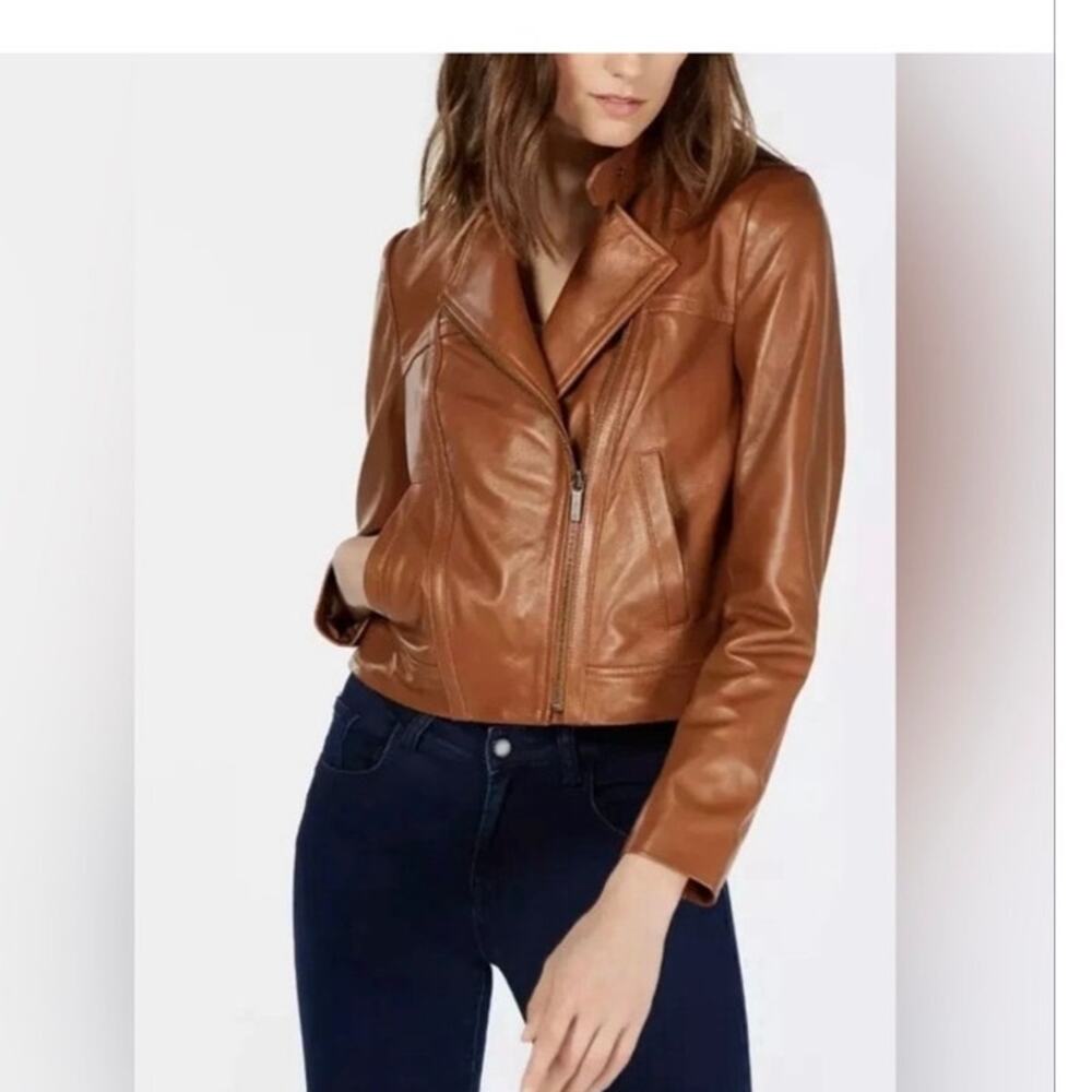 Michael Kors Carmel Brown Moto  100 % leather jacket medium small - Picture 4 of 15